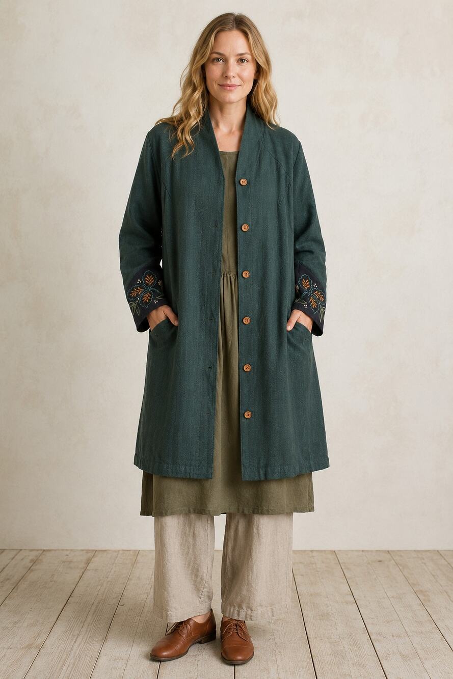 Gudrun Sjoden Woodland Herringbone Cotton Linen Coat Green Womens Size Small